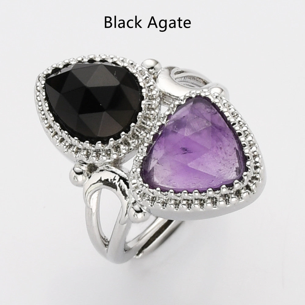 Black Onyx Agate Ring, Unique Triangle Amethyst & Teardrop Gemstone Ring, Silver Plated, Faceted Stone Ring, Adjustable, Crystal Jewelry WX2234