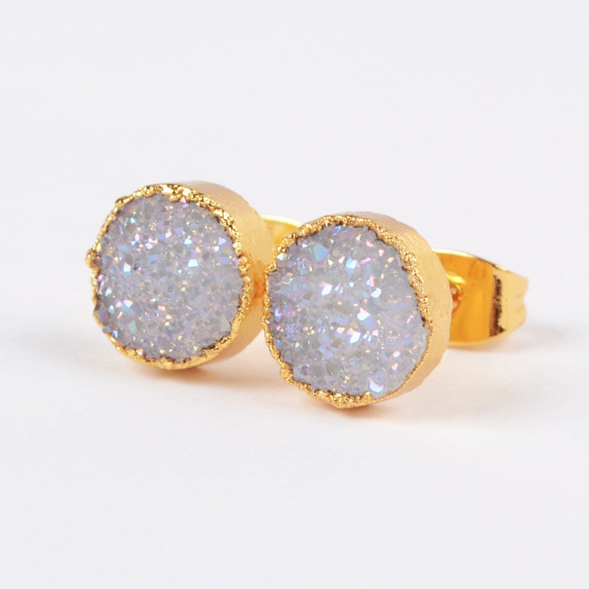 Gold Plated Round 8mm Natural Agate Titanium AB White Druzy Geode Stud Earrings G0680