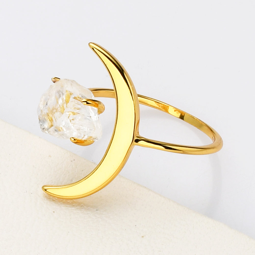 Gold Plated Birthstone Star Moon Ring, Raw Amethyst Crystal Ring, Adjustable Open Ring, Fashion Gemstone Jewelry AL544-