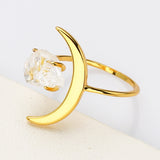 Gold Plated Birthstone Star Moon Ring, Raw Amethyst Crystal Ring, Adjustable Open Ring, Fashion Gemstone Jewelry AL639