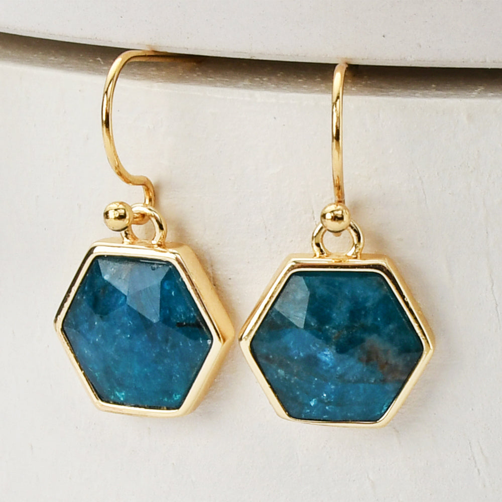 gold hexagon apatite earrings, gemstone jewelry