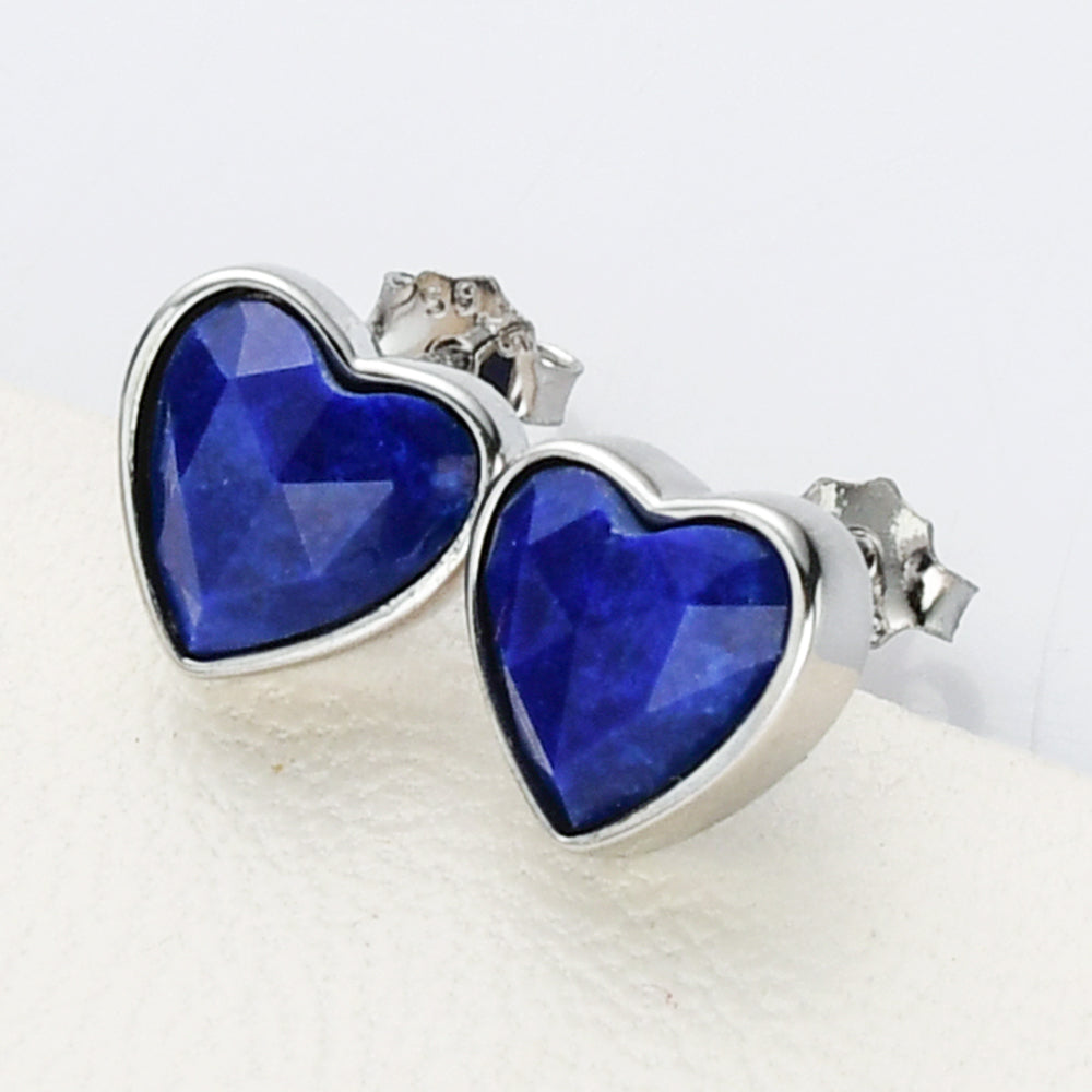 silver lapis lazuli heart stud earrings, S925 Sterling Silver Bezel Moonstone Heart Stud Earrings, Faceted Gemstone Crystal Earring, Birthstone Jewelry SS261