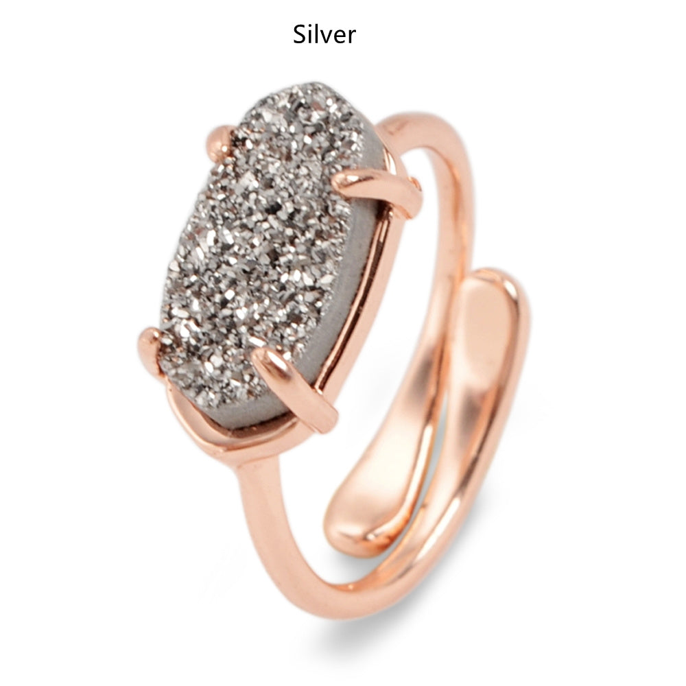 silver druzy ring, Rose Gold Claw Hexagon Titanium Druzy Ring, Adjustable, Agate Drusy Gemstone Ring, Boho Jewelry ZG0320