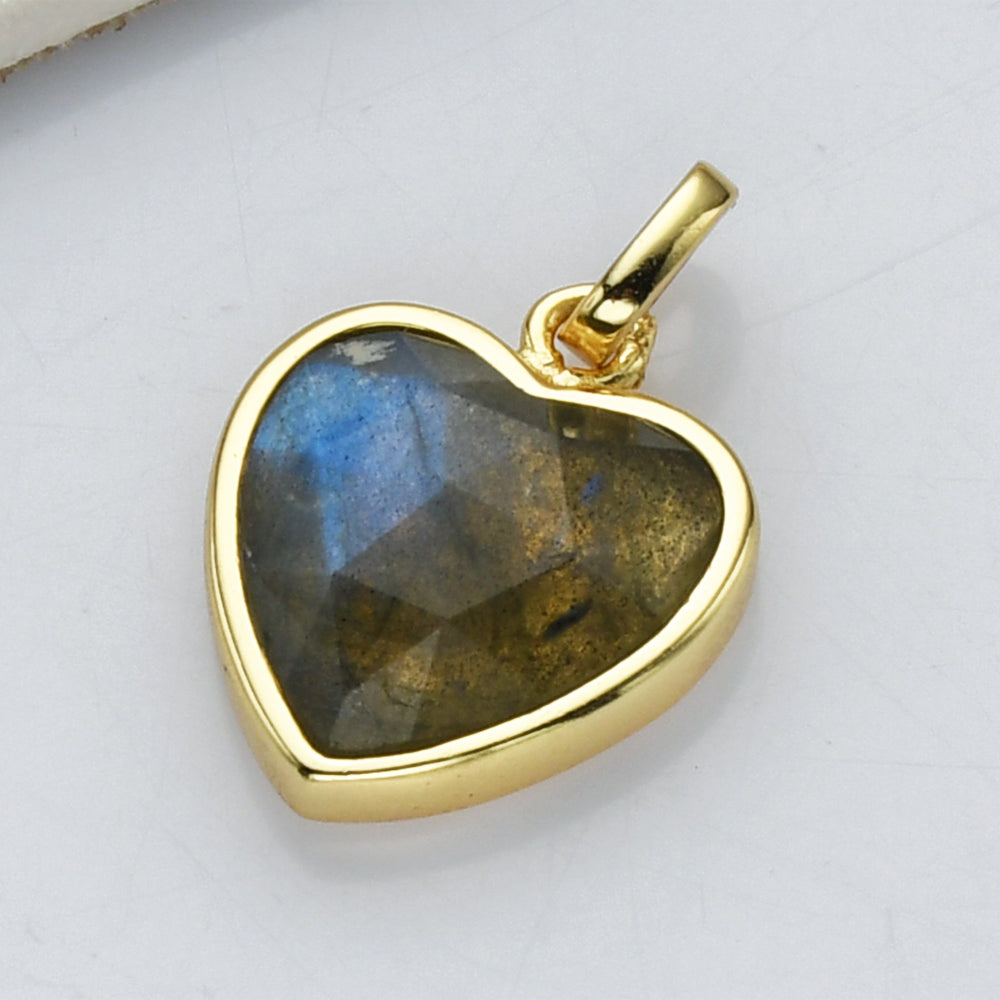 gemstone heart pendant , gold plated, faceted crystal pendant, charms, diy craft supply, moonstone labradorite copper turquoise pendant jewelry