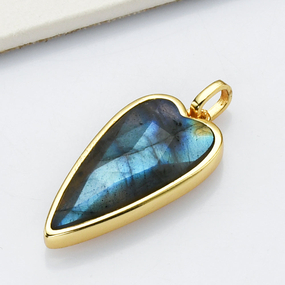 Long Heart Gold Faceted Gemstone Pendants, Moonstone Labradorite Copper Turquoise Pendant Jewelry Making ZG0507