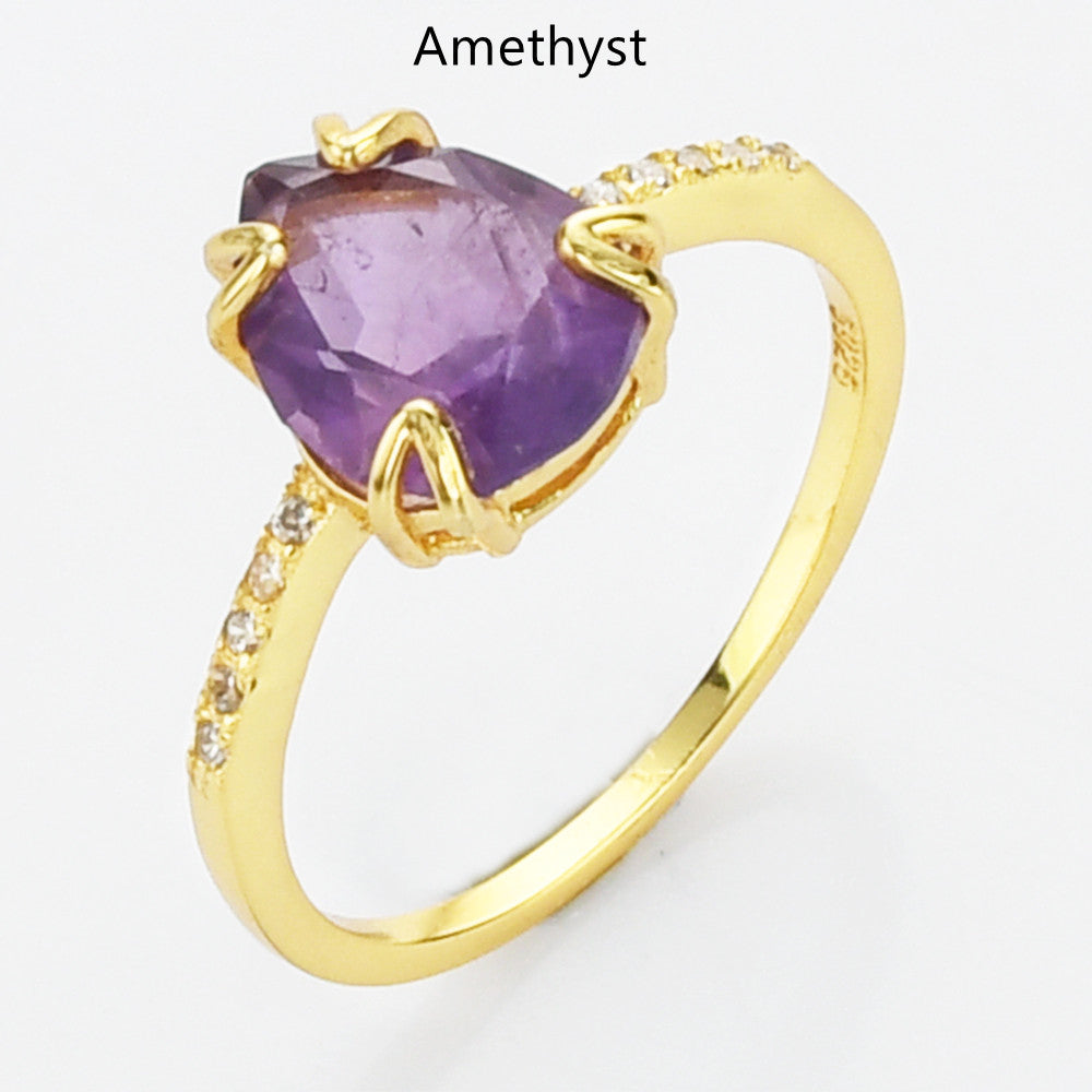 Amethyst Ring, Teardrop Gold Multi Gemstone CZ Ring, Faceted Birthstone Ring, Healing Crystal Stone Ring, Simple Fashion Jewelry For Women SS257