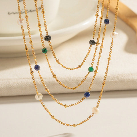 16" Gold Satellite Gemstone Beads Chain Necklace, 18k Gold Titanium Steel Necklace AL689