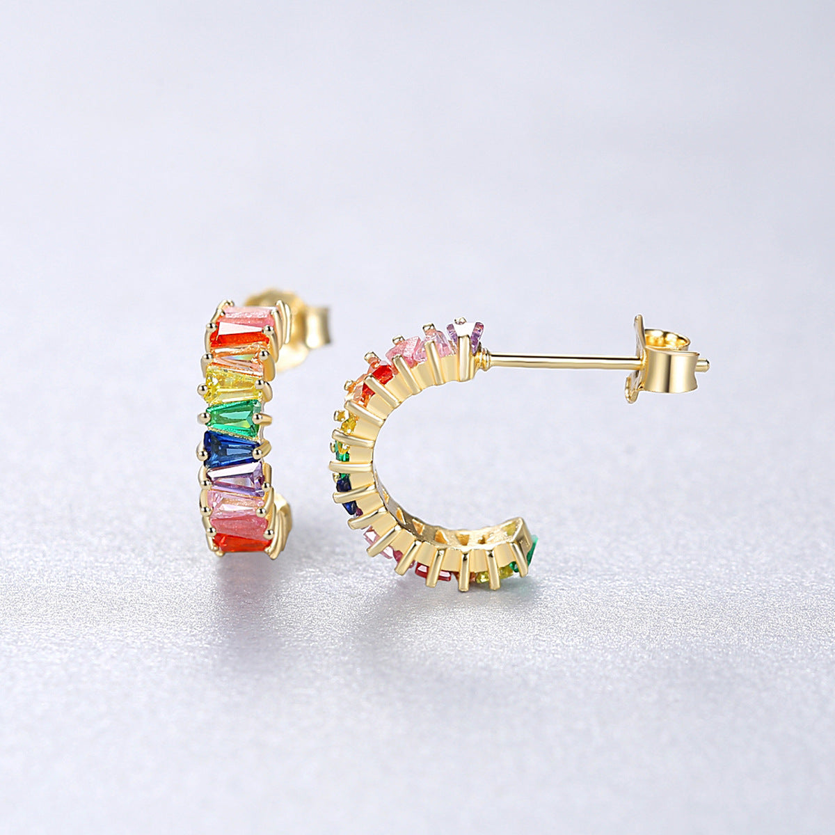 Dainty 925 Sterling Silver Rainbow Zircon Earrings, CZ Micro Pave Hoop Earrings Jewelry AL846