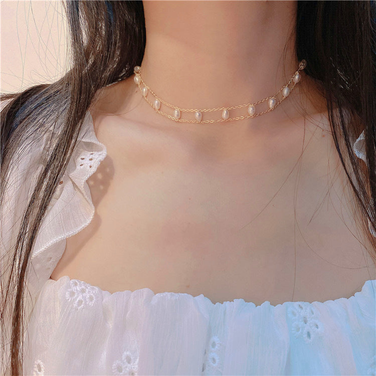 Fresh Water Pearl Bead Bracelet/Choker Necklace, Double-Layer AL690