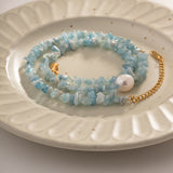 Raw Aquamarine Chips Pearl Beaded Necklace, Handmade Boho Summer Jewelry AL682