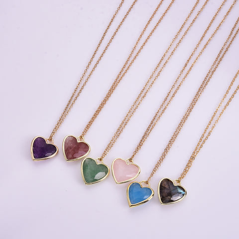 16" Gold Plated Gemstone Heart Pendant Necklace, Faceted Crystal Stone, Minimalist Jewelr WX2179-N