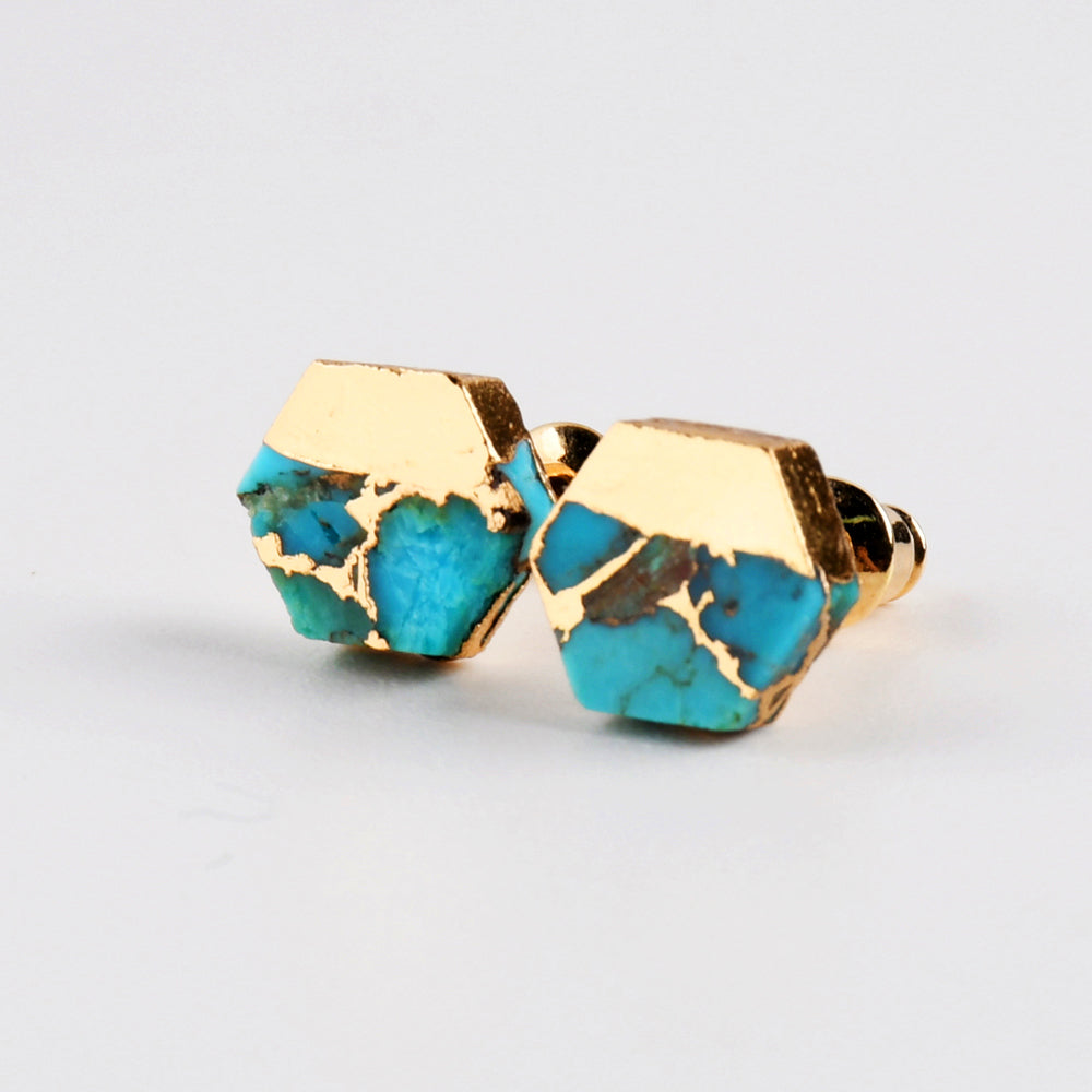 Gold Plated Cap Hexagon Copper Turquoise Stud Earrings, Gemstone Jewelry G1985