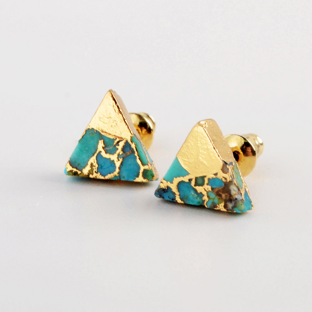 Gold Plated Cap Triangle Natural Copper Turquoise Stud Earrings G1986