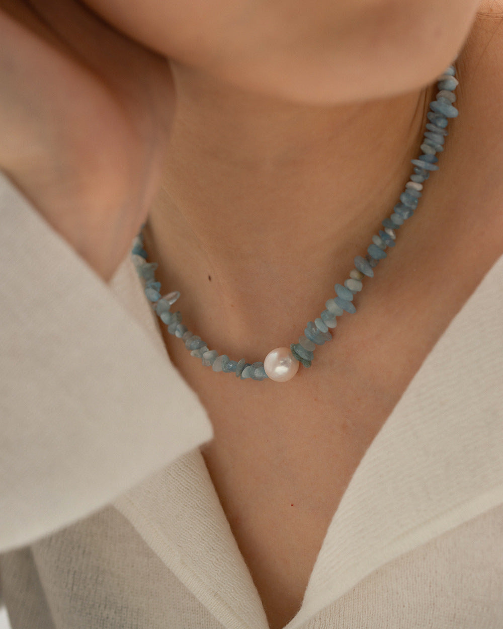 Raw Aquamarine Chips Pearl Beaded Necklace, Handmade Boho Summer Jewelry AL682