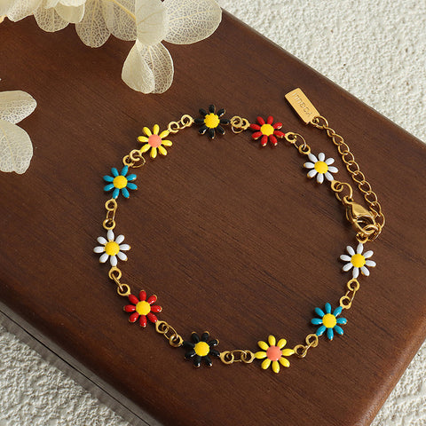 Rainbow Daisy Flower Bracelet/Necklace, Dopamine Oil Drip, 18k Gold Titanium Steel, Summer Jewelry AL687