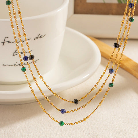 16" Gold Satellite Gemstone Beads Chain Necklace, 18k Gold Titanium Steel Necklace AL689