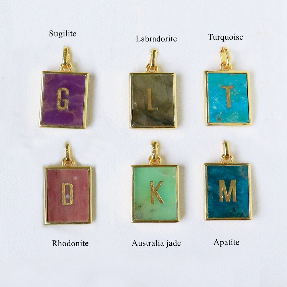 Gold Plated Bezel Rectangle Rainbow Gemstone Letter Pendant, Crystal Letter Charm, DIY Jewelry Craft KZ014