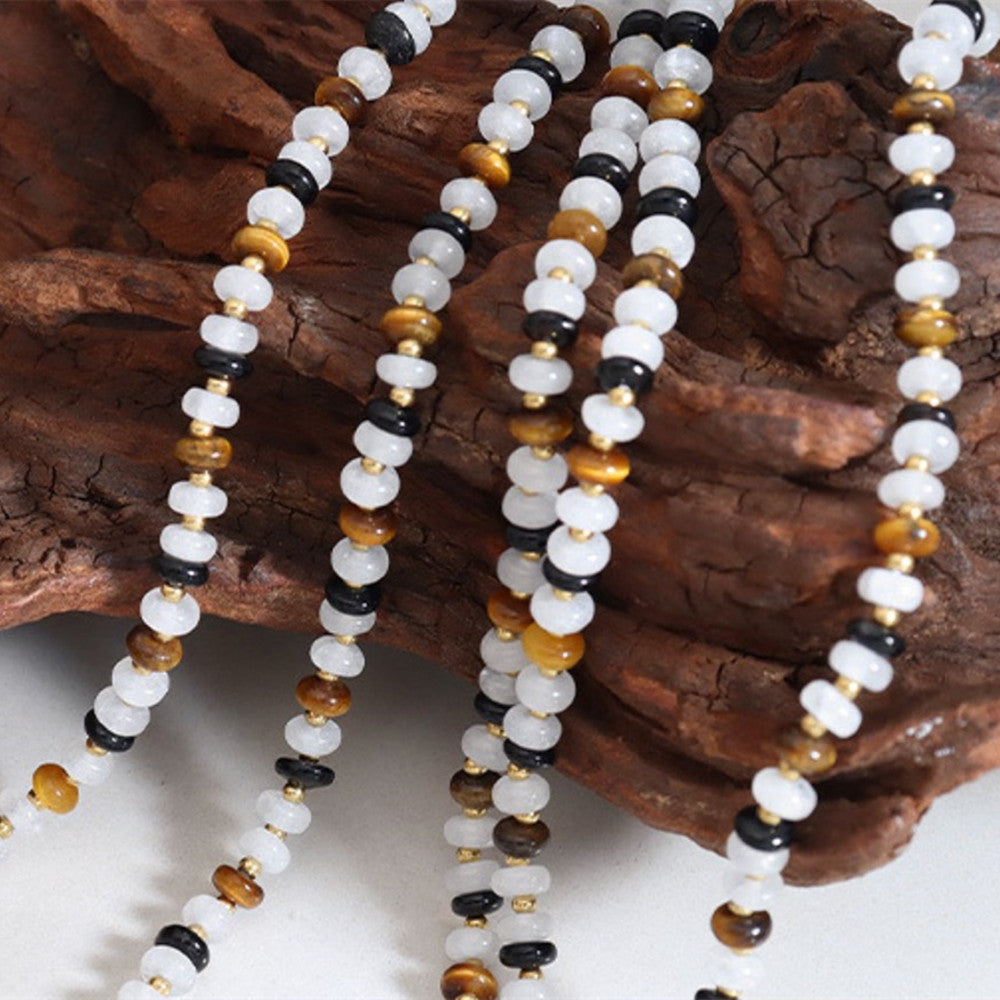 Zebra White Jade, Tiger's Eye, Black Onyx Agate Beaded Necklace, Handmade Boho Jewelry AL688
