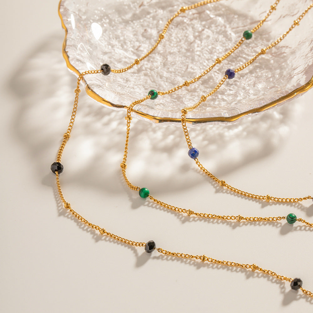 16" Gold Gemstone Beads Satellite Chain Necklace, 18k Gold Titanium Steel Necklace AL689