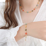 Rainbow Daisy Flower Bracelet/Necklace, Dopamine Oil Drip, 18k Gold Titanium Steel, Summer Jewelry AL687
