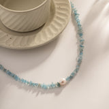 Raw Aquamarine Chips Pearl Beaded Necklace, Handmade Boho Summer Jewelry AL682