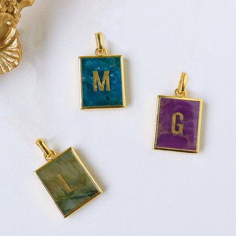 Gold Plated Bezel Rectangle Rainbow Gemstone Letter Pendant, Crystal Letter Charm, DIY Jewelry Craft KZ014