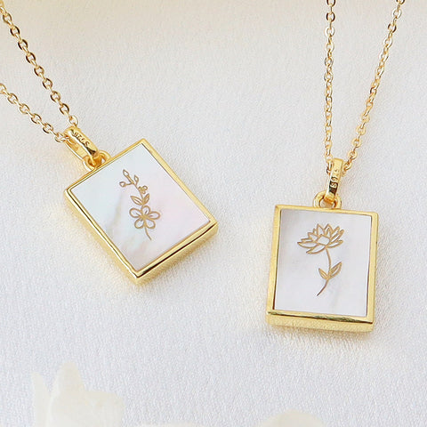 Rectangle Gold Natural White Shell Carved Birthflower Pendant, Personalized Birth Flower Necklace Jewelry KZ044