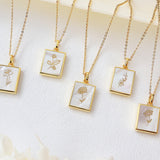 Rectangle Gold Natural White Shell Carved Birthflower Pendant, Personalized Birth Flower Necklace Jewelry KZ044