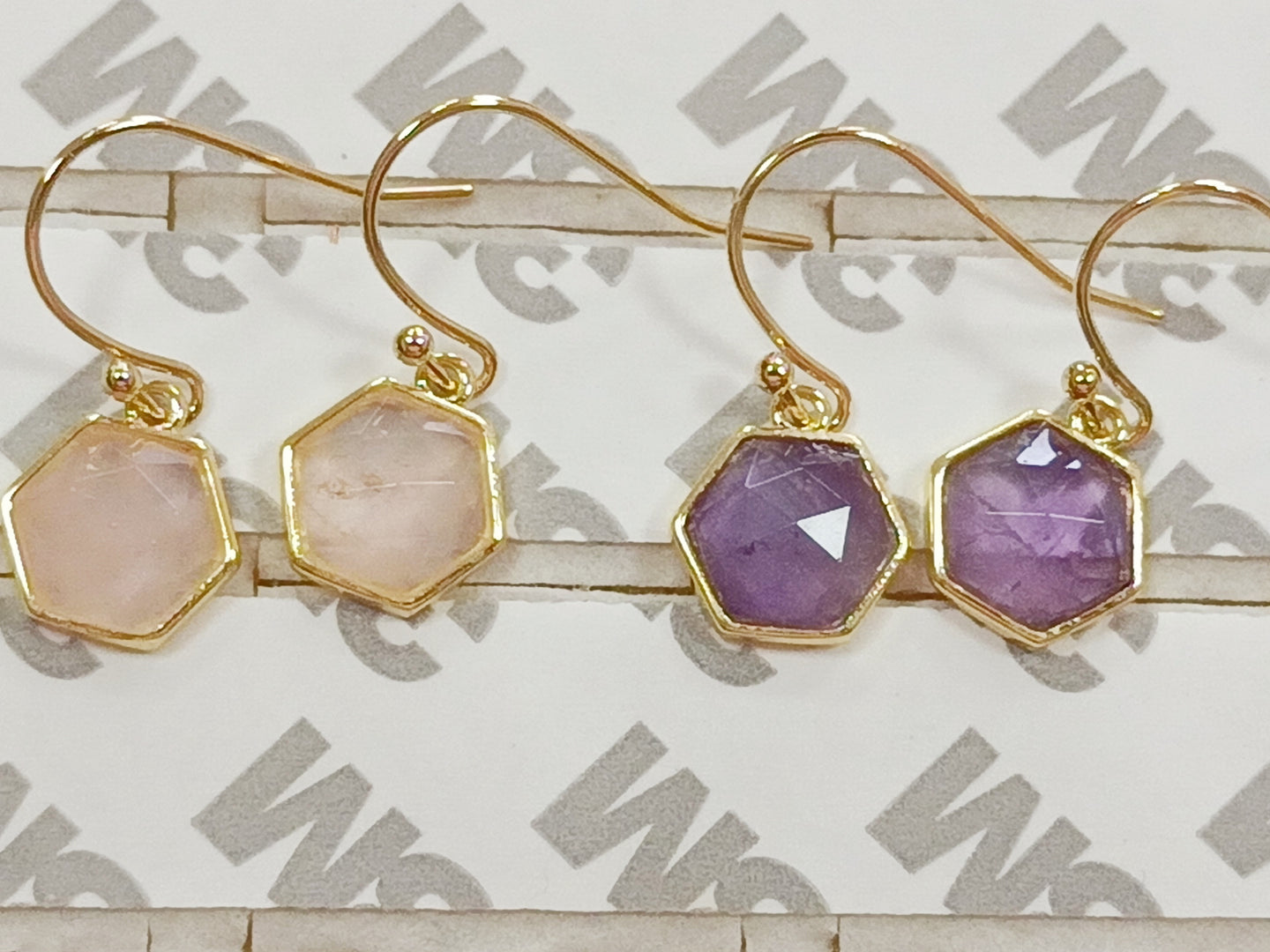 Gold Plated Hexagon Amethyst Rose Quartz Earrings, Faceted Gemstone Earrings, Healing Crystal Jewelry ZG0503