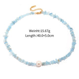 Raw Aquamarine Chips Pearl Beaded Necklace, Handmade Boho Summer Jewelry AL682