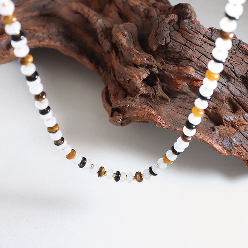 Zebra White Jade, Tiger's Eye, Black Onyx Agate Beaded Necklace, Handmade Boho Jewelry AL688