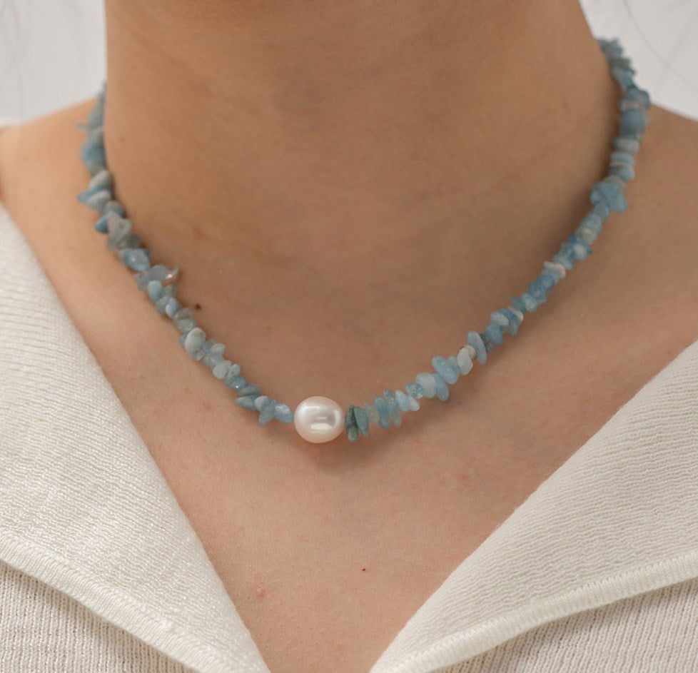 Raw Aquamarine Chips Pearl Beaded Necklace, Handmade Boho Summer Jewelry AL682