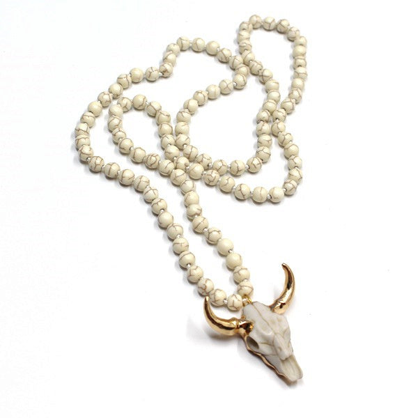 white howlite Mala necklace, 35" Ox Head Natural Lava Stone Beaded Long Necklace, Longhorn Bull Head Necklace, Boho Jewelry AL728