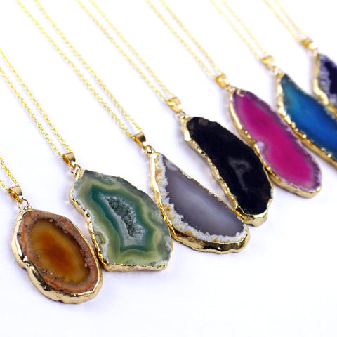 Gold Electroplated Onyx Agate Pendants, Gemstone Drusy Slice Pendant Bead G0092