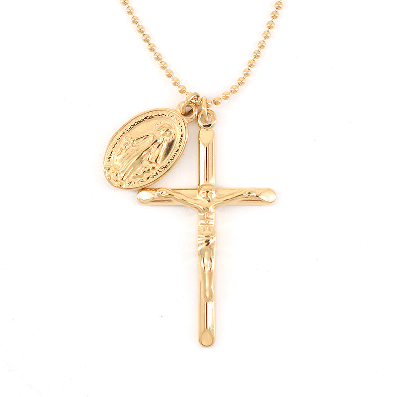 Gold Cross With Virgin Mary Coin 18" Chain Necklace AL077