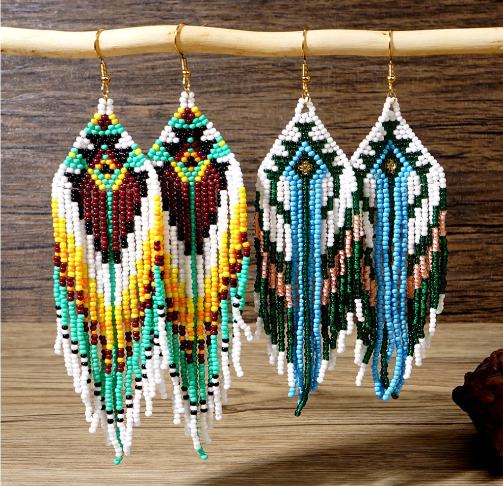 Retro Bohemian Long Tassel Rainbow Miyuki Beads Dangle Earrings, Drop Earrings, Handmade Boho Summer Beach Jewelry AL1004