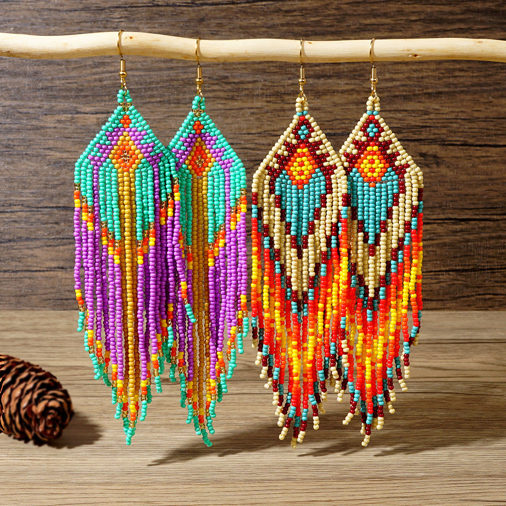 Retro Bohemian Long Tassel Rainbow Miyuki Beads Dangle Earrings, Drop Earrings, Handmade Boho Summer Beach Jewelry AL1004