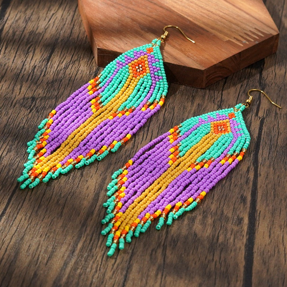 Retro Bohemian Long Tassel Rainbow Miyuki Beads Dangle Earrings, Drop Earrings, Handmade Boho Summer Beach Jewelry AL1004