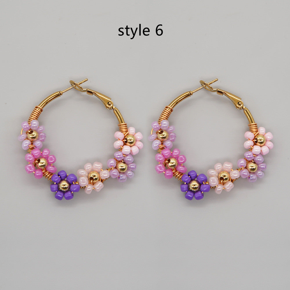 Bohemian Rainbow Daisy Flower Miyuki Beads Hoop Earrings, Handmade Boho Summer Jewelry AL1006