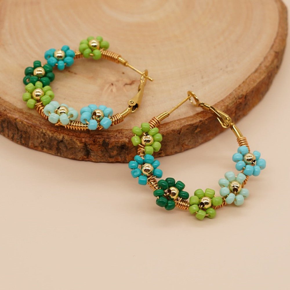 Bohemian Rainbow Daisy Flower Miyuki Beads Hoop Earrings, Handmade Boho Summer Jewelry AL1006