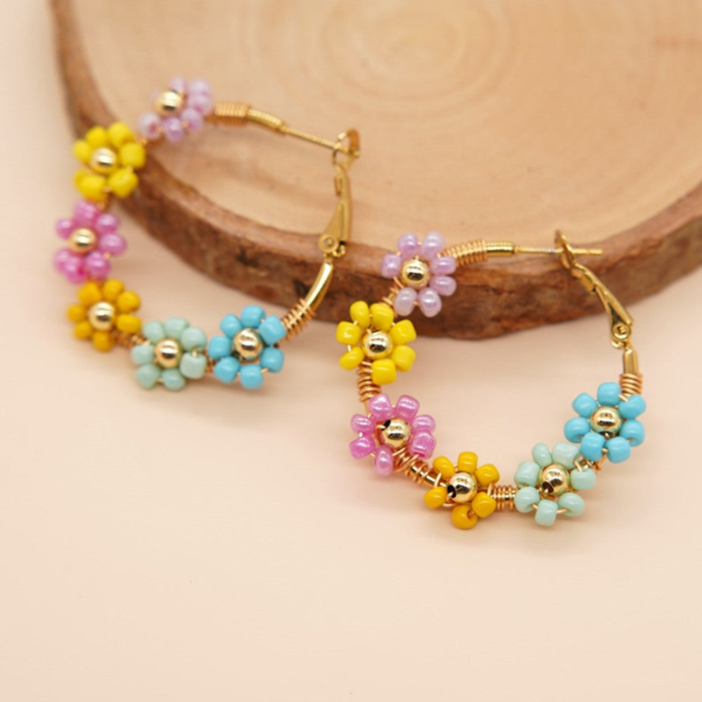 Bohemian Rainbow Daisy Flower Miyuki Beads Hoop Earrings, Handmade Boho Summer Jewelry AL1006