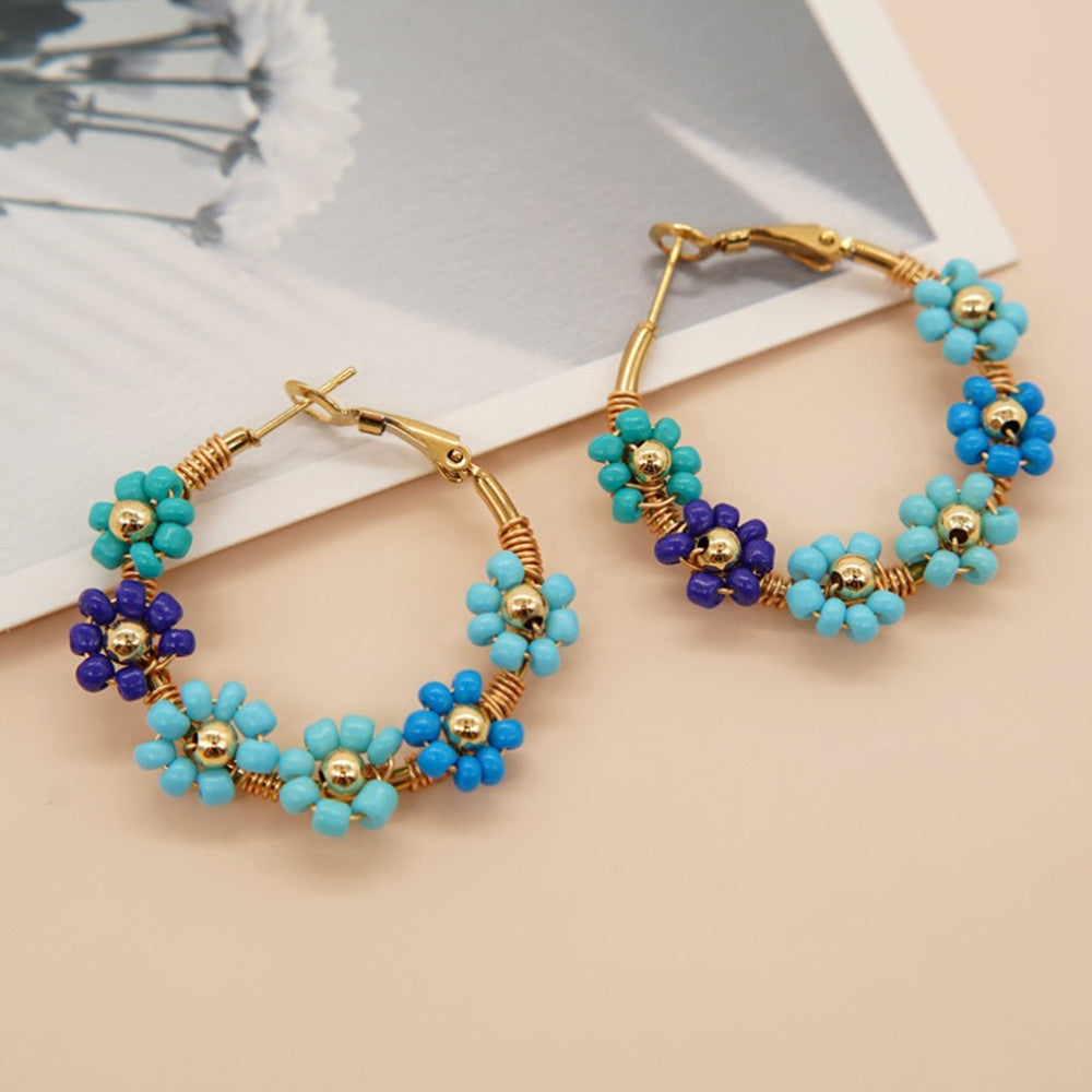 Bohemian Rainbow Daisy Flower Miyuki Beads Hoop Earrings, Handmade Boho Summer Jewelry AL1006