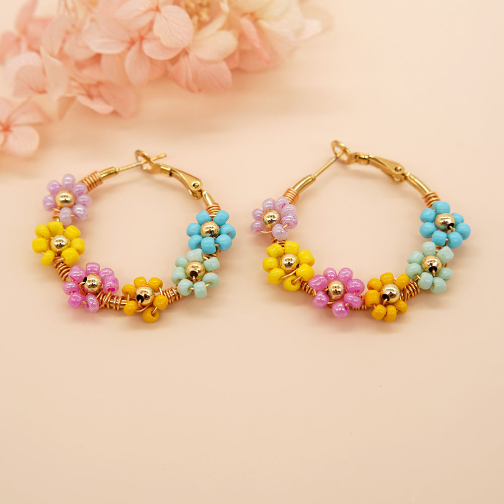 Bohemian Rainbow Daisy Flower Miyuki Beads Hoop Earrings, Handmade Boho Summer Jewelry AL1006