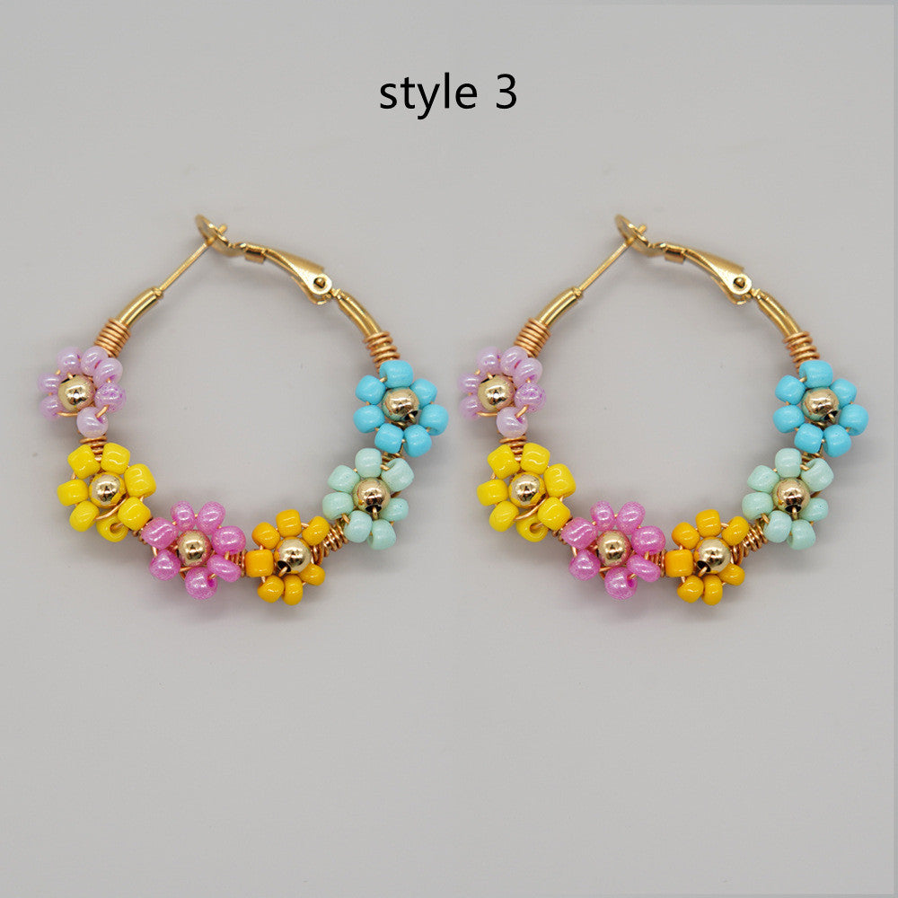 Bohemian Rainbow Daisy Flower Miyuki Beads Hoop Earrings, Handmade Boho Summer Jewelry AL1006