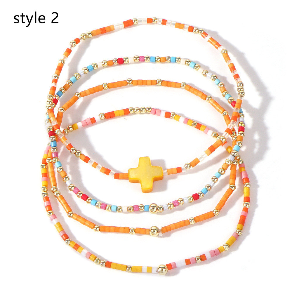 Set of Skinny Bohemian Rainbow Shell Cross & Miyuki Beads Stacked Bracelet, Adjustable, Handmade Boho Summer Jewelry AL1007