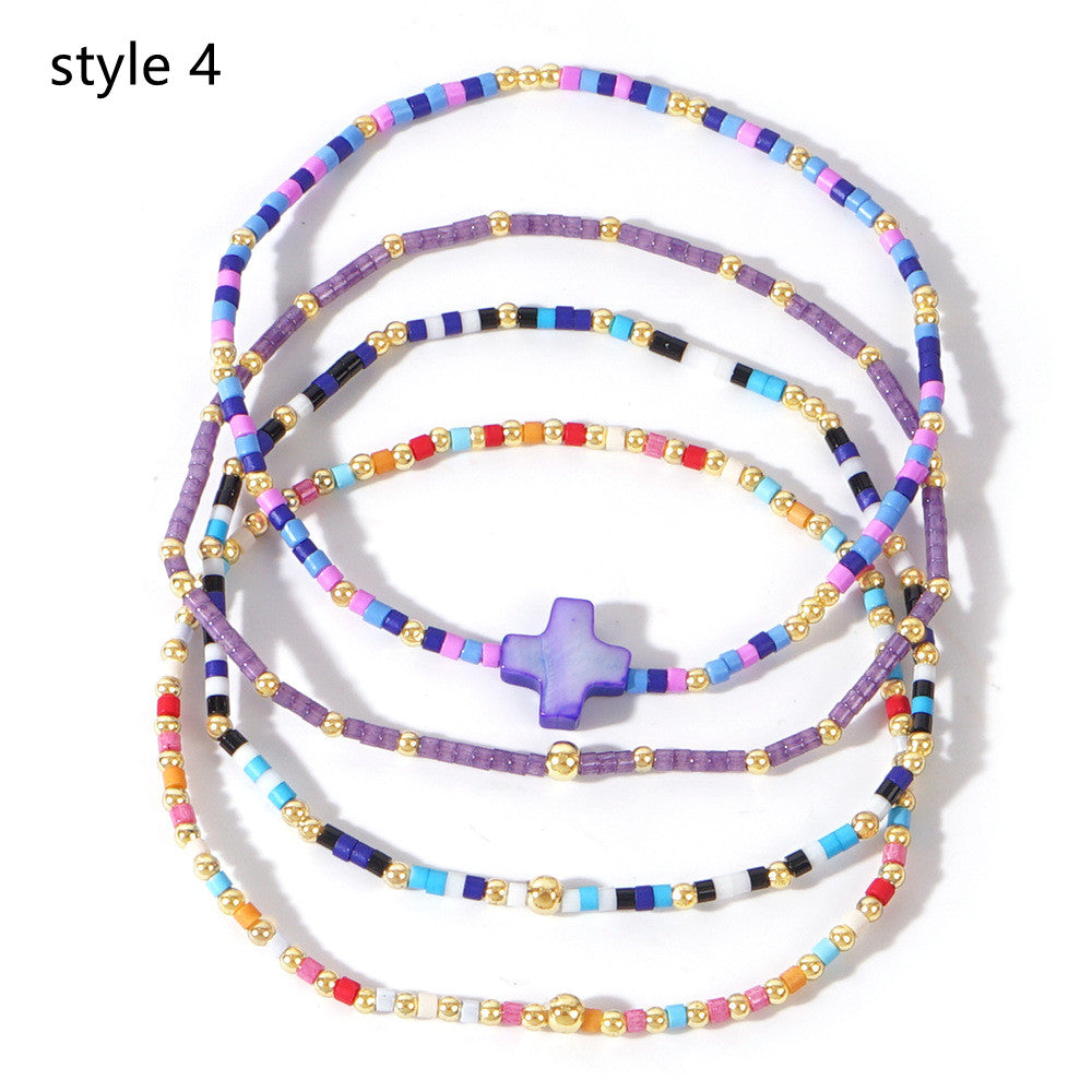 Set of Skinny Bohemian Rainbow Shell Cross & Miyuki Beads Stacked Bracelet, Adjustable, Handmade Boho Summer Jewelry AL1007