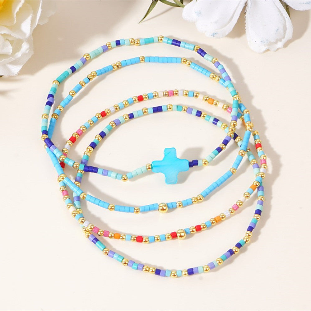 Set of Skinny Bohemian Rainbow Shell Cross & Miyuki Beads Stacked Bracelet, Adjustable, Handmade Boho Summer Jewelry AL1007