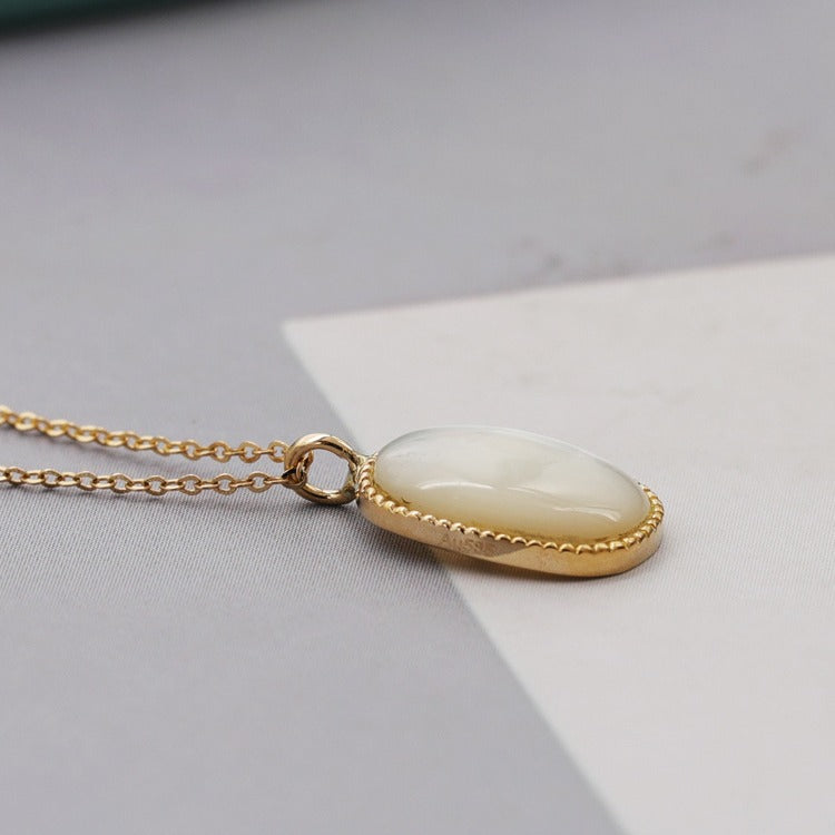 18" Gold Plated Plump Oval Natural White Shell Necklace, S925 Sterling Silver, Simple Fashion Jewelry AL1008