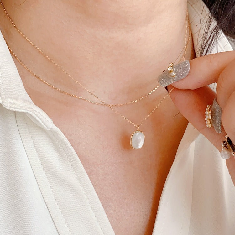 18" Gold Plated Plump Oval Natural White Shell Necklace, S925 Sterling Silver, Simple Fashion Jewelry AL1008