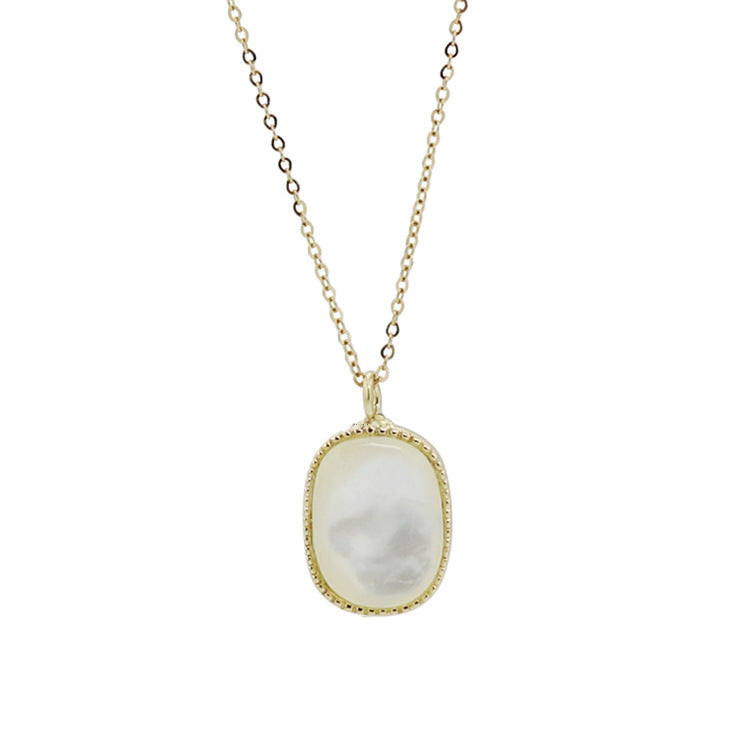 18" Gold Plated Plump Oval Natural White Shell Necklace, S925 Sterling Silver, Simple Fashion Jewelry AL1008